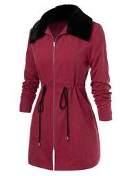 Plus Size Faux Fur Collar Drawstring Zip Up Coat