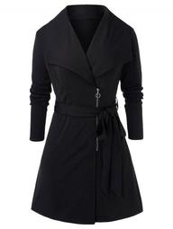 Plus Size Zip Fly Belted Long Coat