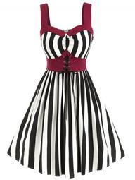 Lace-up Striped Plus Size Vintage Dress