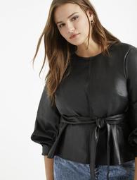 Faux Leather Pleat Front Blouse with TIe