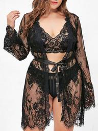 Lingerie Belted T Back Lace Longline Plus Size Robe