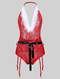 Christmas Halter Belted Garter Fuzzy Plus Size Lace Teddy