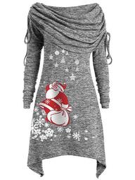Plus Size Off Shoulder Foldover Santa Claus Print Christmas Dress