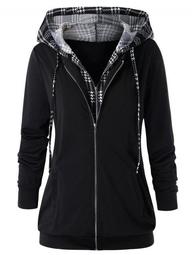 Plus Size Hooded Houndstooth Double Zipper Jacket