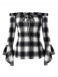 Plus Size Off The Shoulder Bell Sleeve Plaid T Shirt