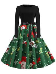 Plus Size Vintage Christmas Printed Fit and Flare Dress