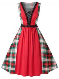Plus Size Lace Up Plunge Plaid Vintage Swing Dress