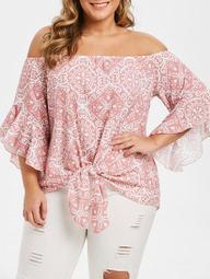 Plus Size Off Shoulder Print Bell Sleeve Knotted Blouse