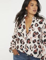 Printed Button Down Blouse with Ruffle Neck