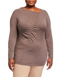 Plus Size Long-Sleeve Asymmetric Shirred Wool-Blend Top
