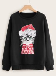Plus Cartoon & Christmas Print Sweatshirt