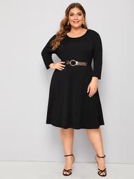 Plus Solid Round Neck A-line Dress Without Belted