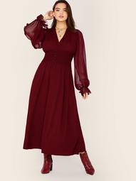 Plus Sheer Lantern Sleeve Shirred Fit And Flare Dress