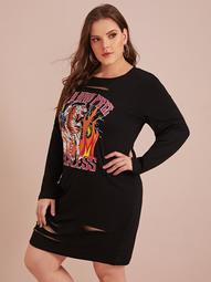 Plus Tiger & Letter Graphic Ladder Distressed Tee Dress