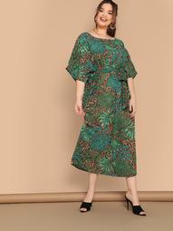 Plus Leopard and Tropical Batwing Sleeve Dress