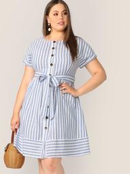 Plus Button Front Striped Belted Dress