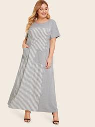 Plus Pocket Front Heather Grey Striped Dress