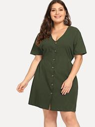 Plus Single Breasted Solid Dress