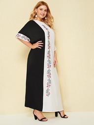 Plus Embroidered Floral Two Tone Tunic Maxi Dress