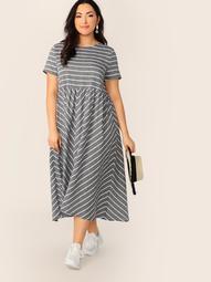 Plus Striped Heather Knit Asymmetrical Hem Dress