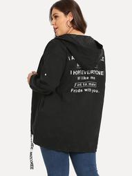 Plus Slogan Graphic Ribbon Hooded Outerwear