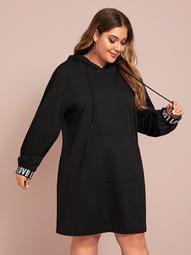 Plus Letter Tape Drawstring Hoodie Dress Without Bag