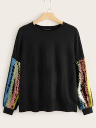 Plus Contrast Sequin Sleeve Pullover