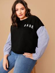 Plus Striped Sleeve Letter Graphic Pullover