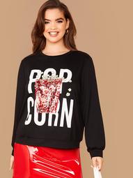 Plus Slogan Graphic Contrast Sequin Patched Pullover