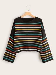 Plus Colorful Striped Drop Shoulder Sweater