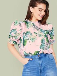 Plus Tropical and Tiger Print Puff Sleeve Top