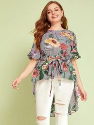 Plus Striped and Floral Dip Hem Belted Top