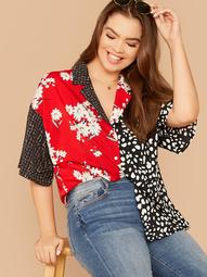 Plus Notched Collar Mixed Print Blouse