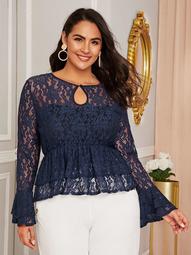 Plus Keyhole Neck Lace Peplum Top Without Cami
