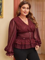 Plus Sheer Sleeve Buttoned Shirred Lace Peplum Top