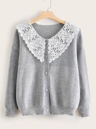 Plus Contrast Lace Collar Button Front Cardigan