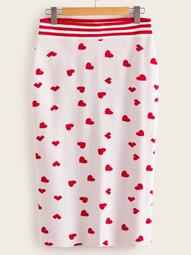Plus Striped Waist Heart Print Split Sweater Skirt