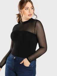 Plus Striped Mesh Shoulder Fitted Top