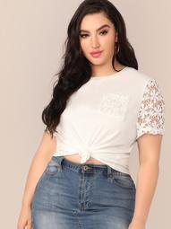 Plus Guipure Lace Sleeve Pocket Patched Top