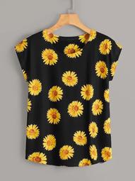Plus Sunflower Print Cap Sleeve Tee
