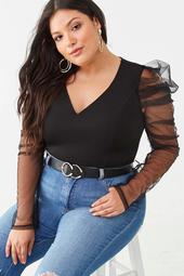Plus Size Mesh Puff-Sleeve Top