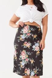 Plus Size Floral Print Satin Skirt