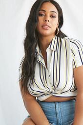 Plus Size Striped Twist-Hem Cropped Shirt