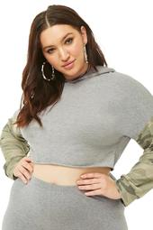 Plus Size Camo-Sleeve Hooded Crop Top