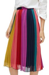 Sunburst Rainbow Colorblock Pleated Midi Skirt