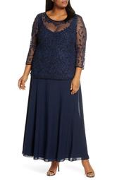 Pissaro Nights Beaded Mesh Mock Two-Piece Gown