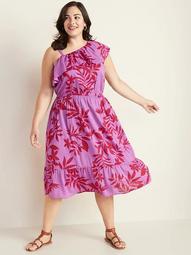 Waist-Defined Plus-Size One-Shoulder Ruffle-Trim Dress