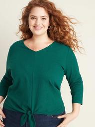 Relaxed Plus-Size Bracelet-Sleeve Tie-Front Top 