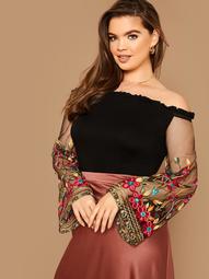 Plus Embroidered Mesh Sleeve Frilled Bardot Top