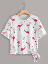 Plus Flamingo Print Knot Side Tee